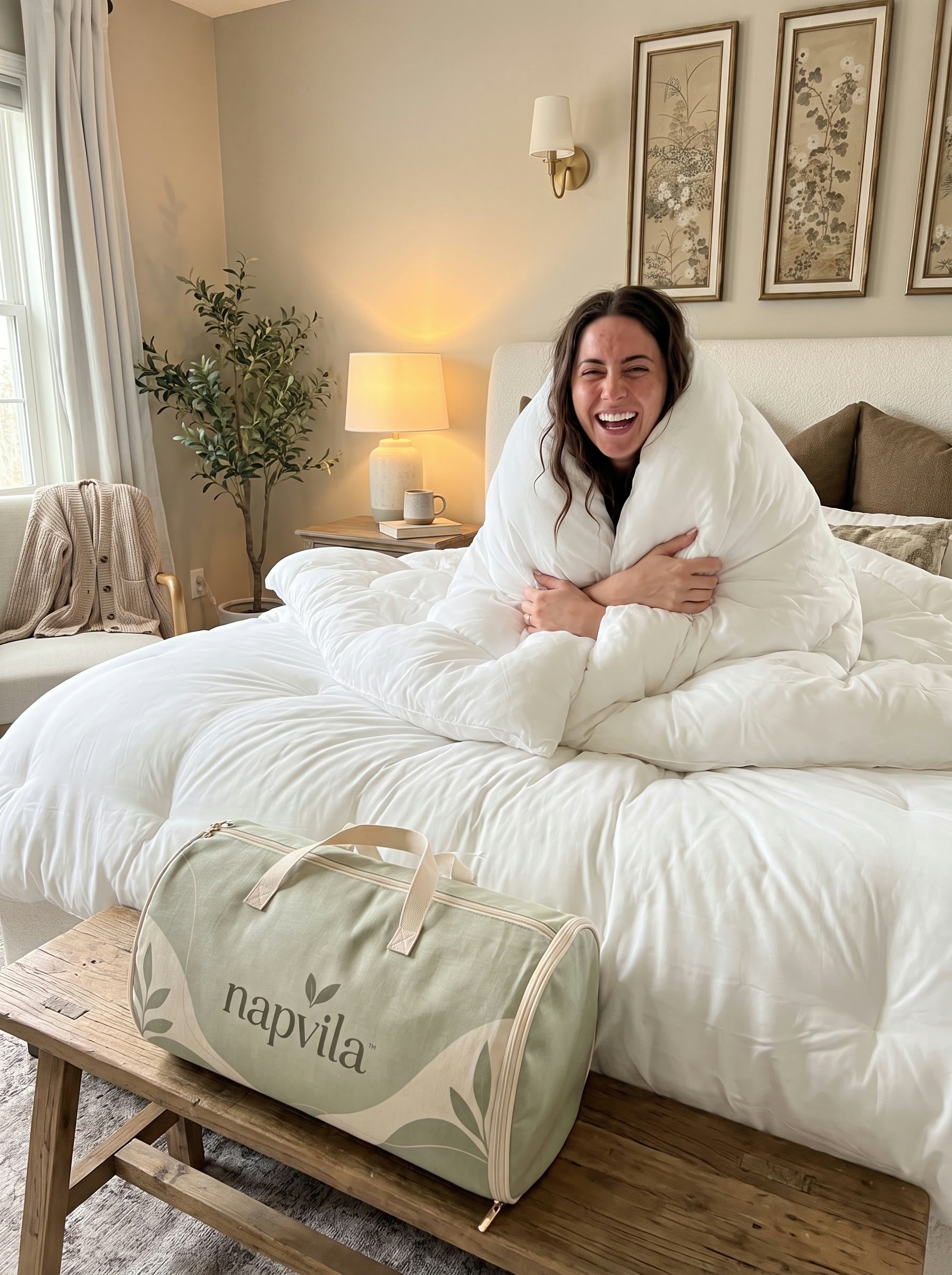 A woman laughing wrapped in the napvila Cloud Comforter