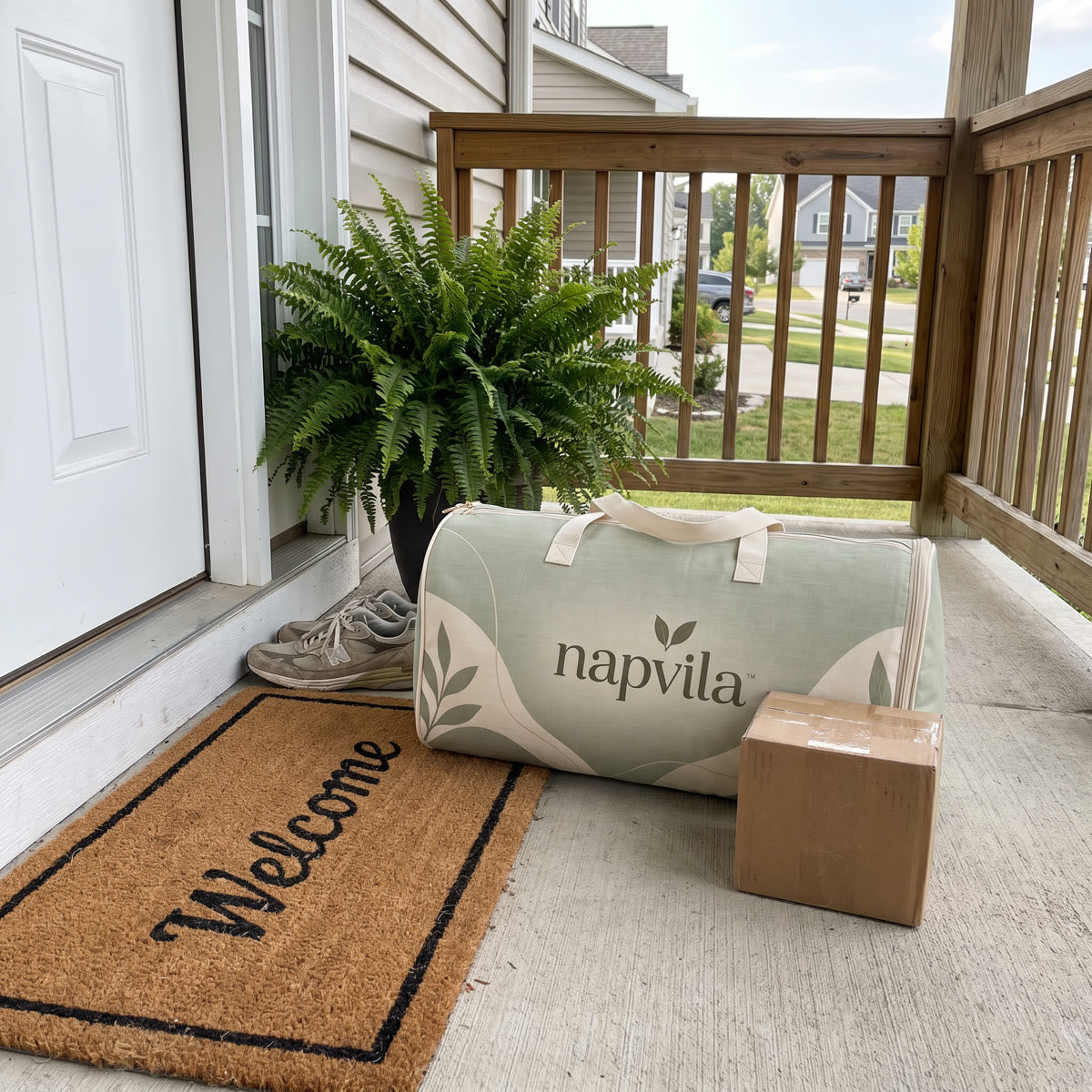 The napvila carry bag delivered on a front porch