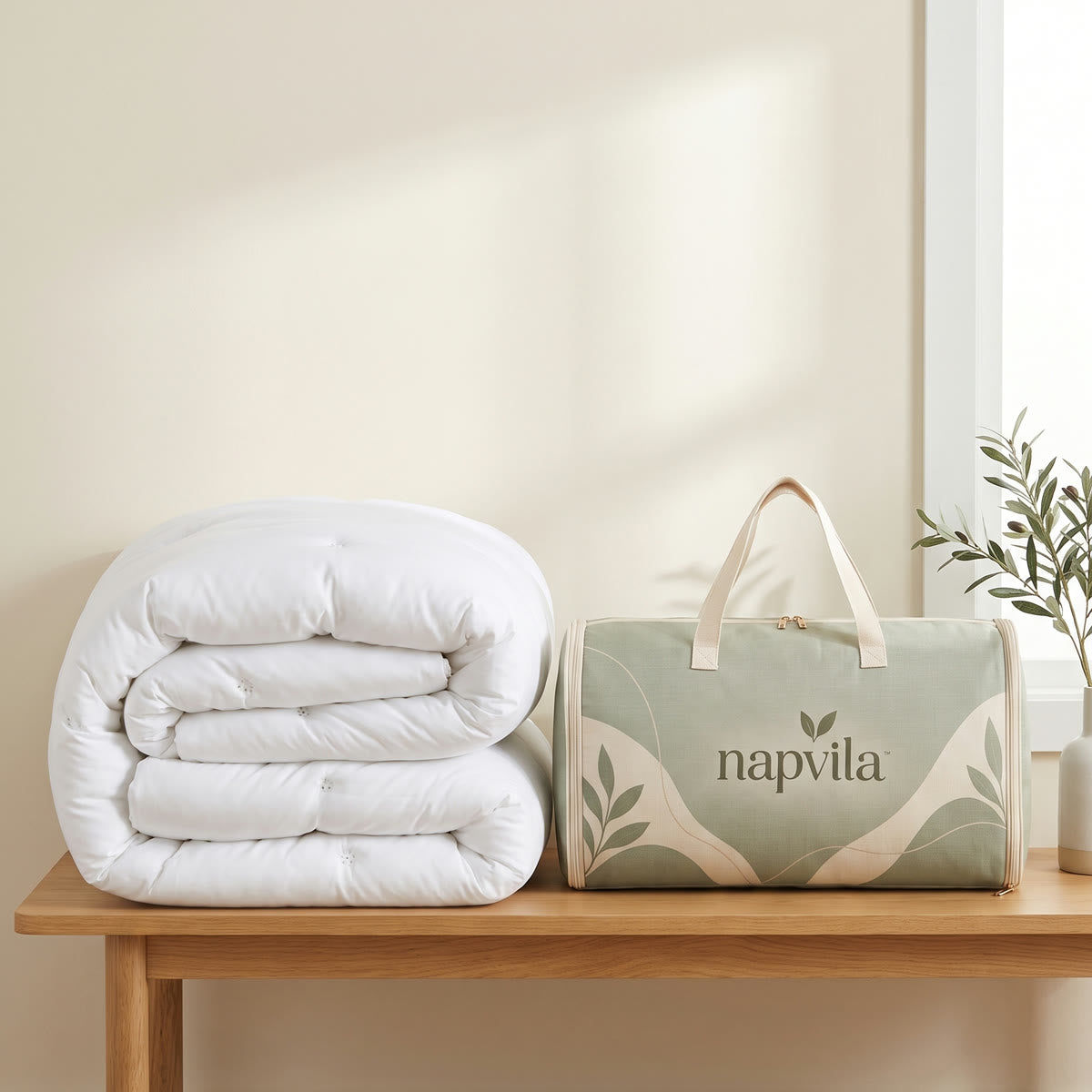 The folded Cloud Comforter beside its sage carry bag